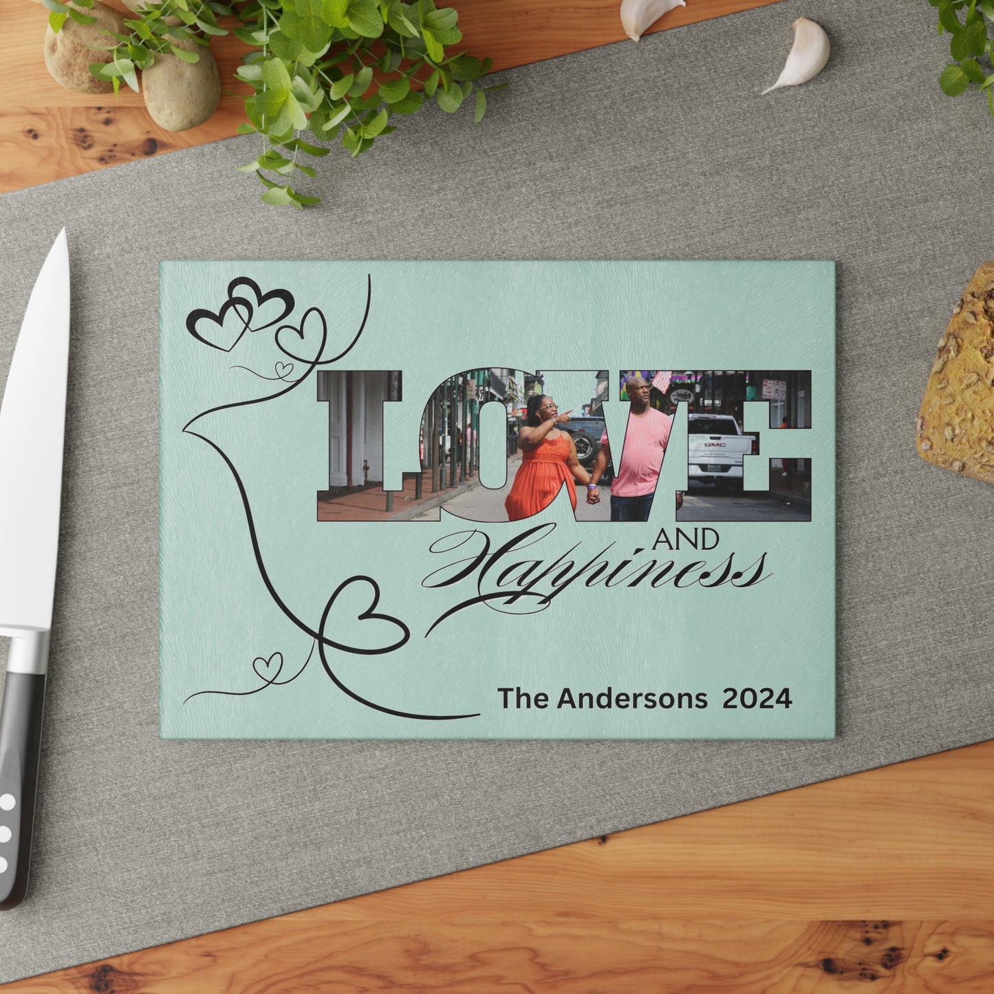 Love and Happiness Glass Cutting Board a Wedding Gift for Family Anniversary Gift