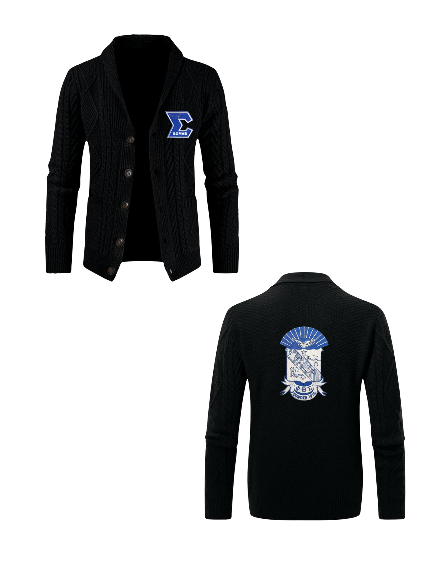 Phi Beta Sigma Shawl Collar Cardigan Sweater Slim Fit Cable Knit Button Up Sweater