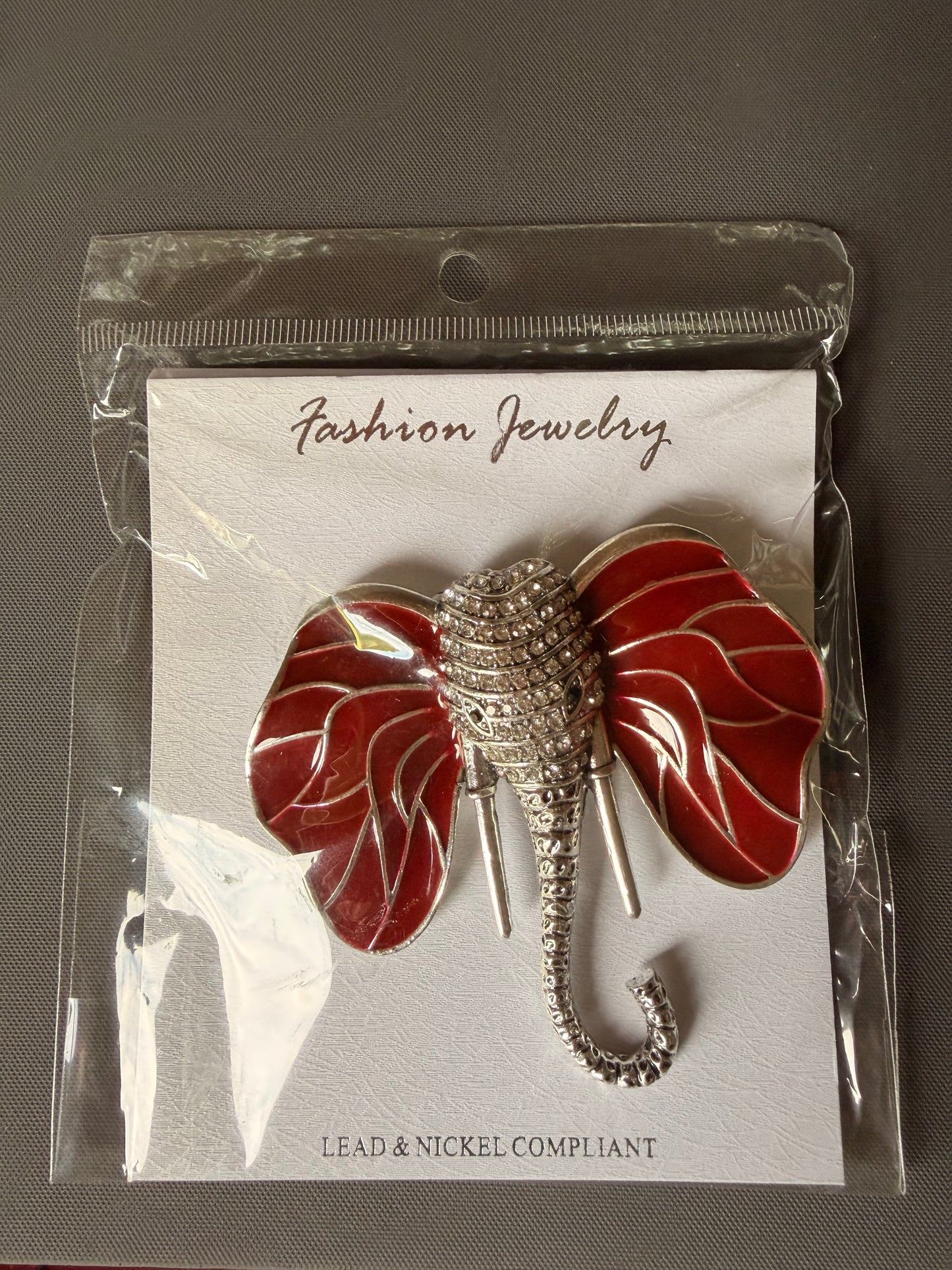 Silver and Crimson Elephant Head Brooch