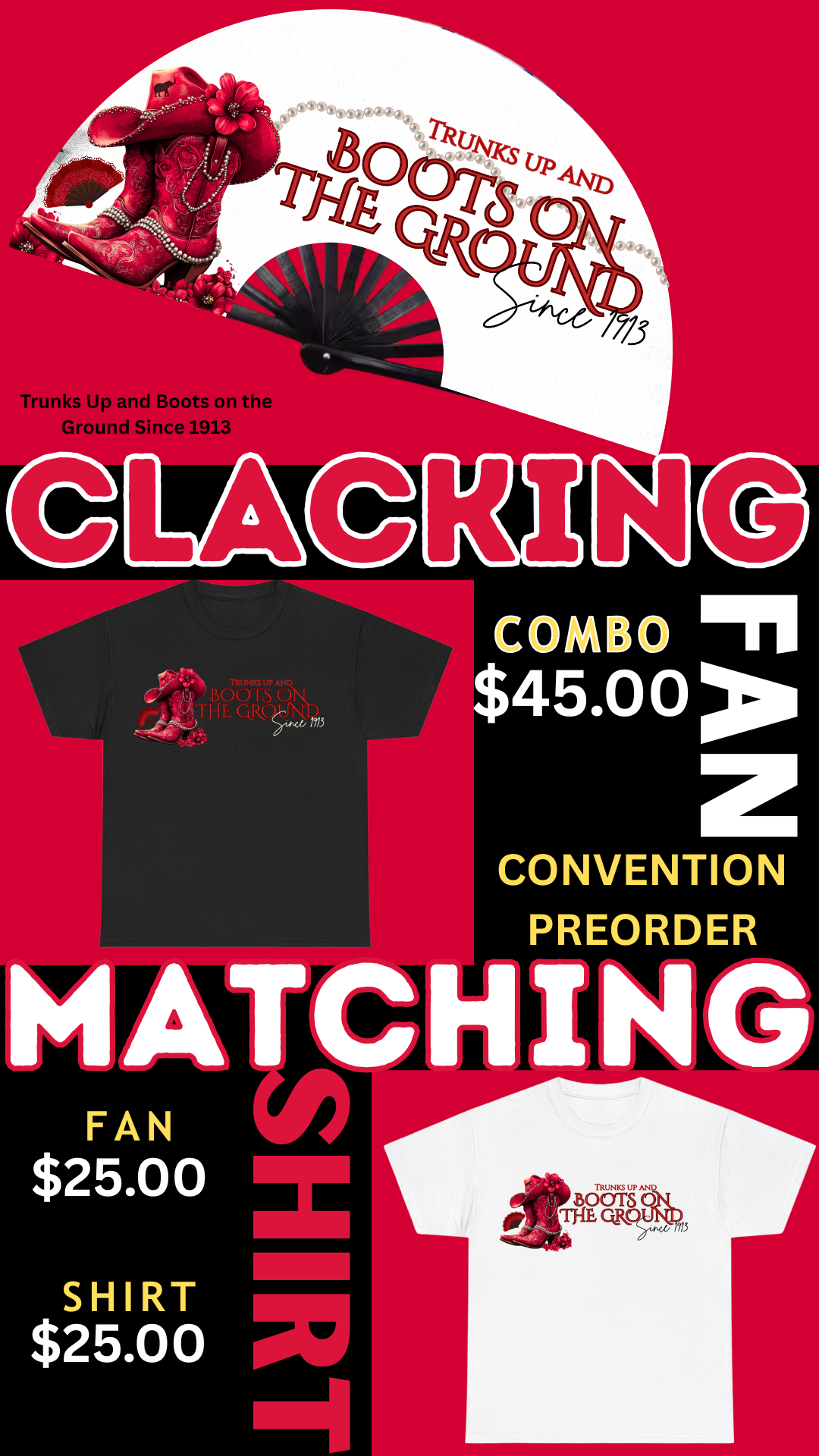 PRE-ORDER: CONVENTION 2025 Trunks up and Boots on the Ground Bundle including a Bamboo Clacking Fan and/or Matching T-shirt