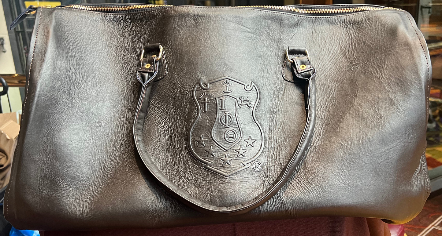 PRE-ORDERED ITEM: Genuine Leather Traveling Suit Bag with Shoe Compartment featuring the Iota Phi Theta Shield