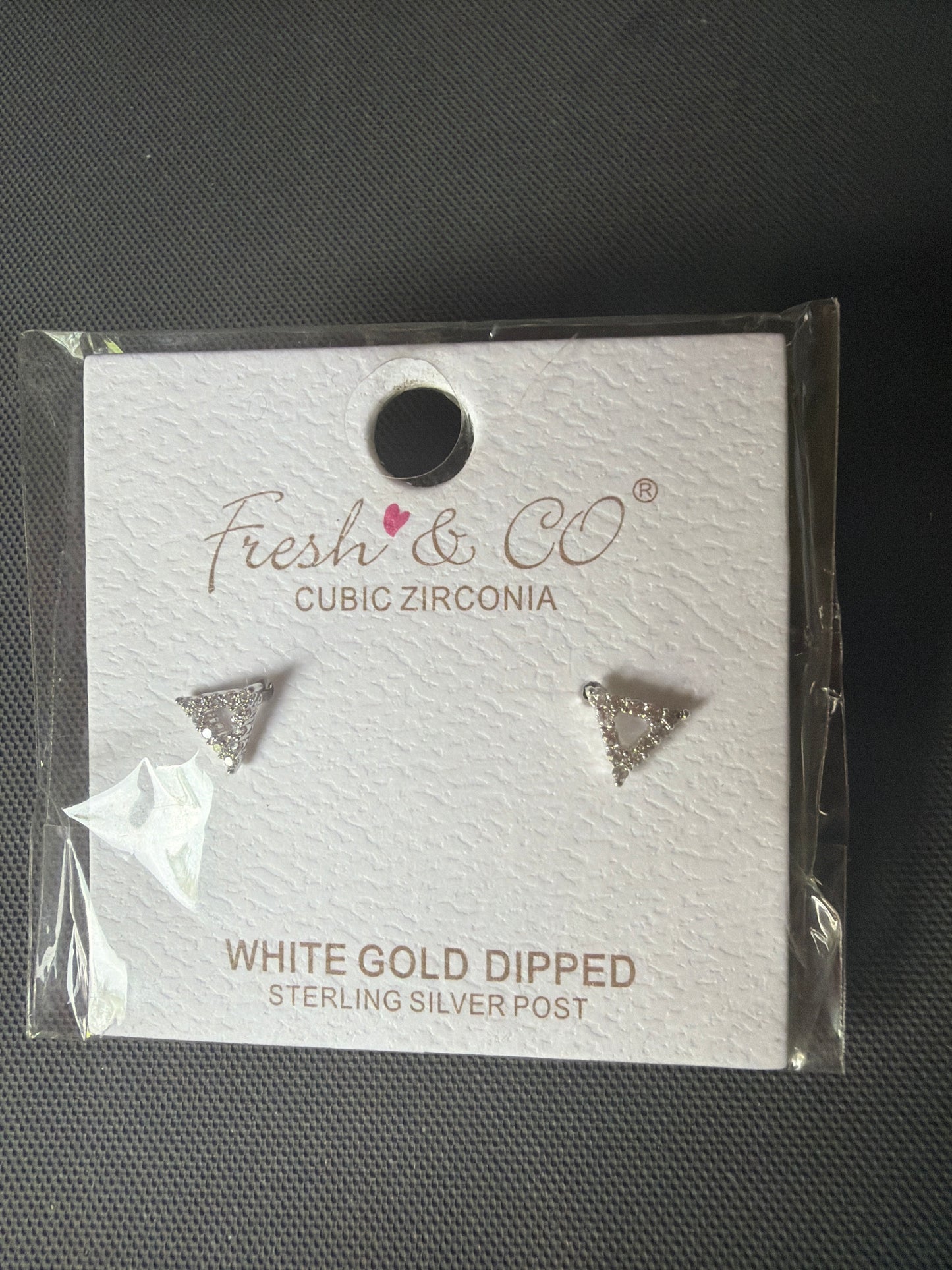 Delta Outline Earrings - Small Cubic Zirconia in a White Gold or Yellow Gold Dipped Setting with Sterling Silver Posts