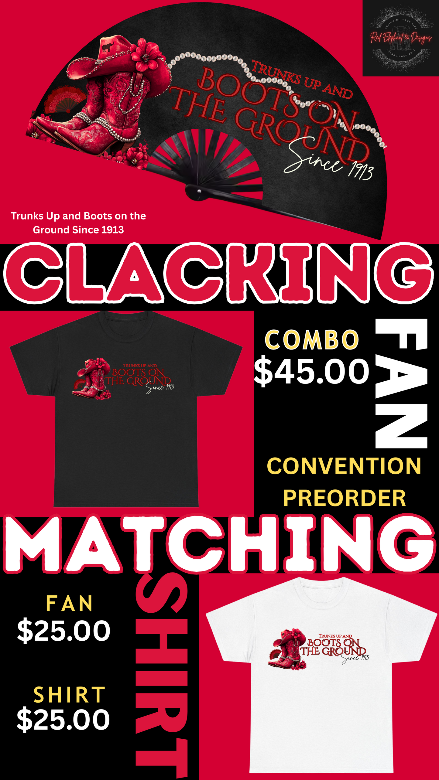 PRE-ORDER: CONVENTION 2025 Trunks up and Boots on the Ground Bundle including a Bamboo Clacking Fan and/or Matching T-shirt