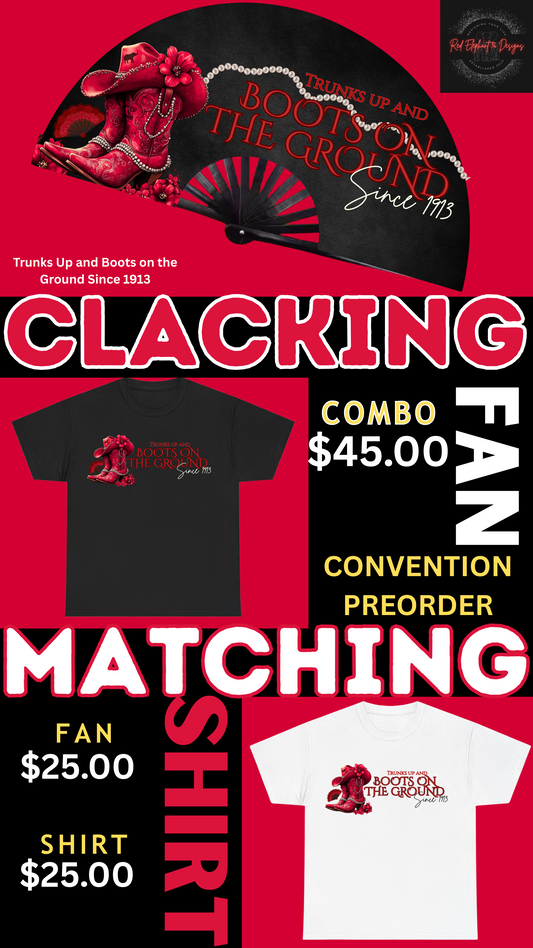PRE-ORDER: CONVENTION 2025 Trunks up and Boots on the Ground Bundle including a Bamboo Clacking Fan and/or Matching T-shirt